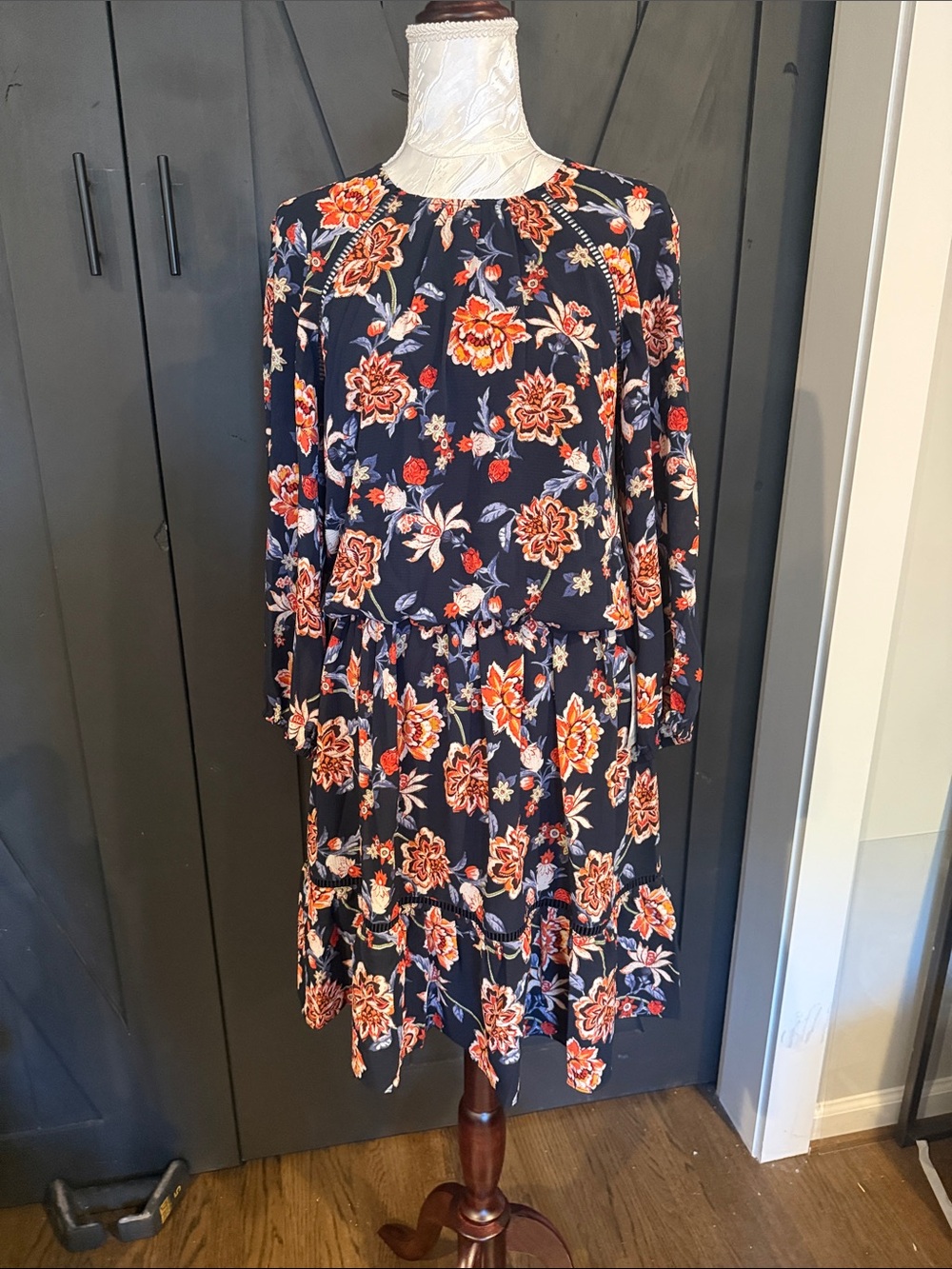 Eliza J Navy Floral Tiered Long Sleeve Dress